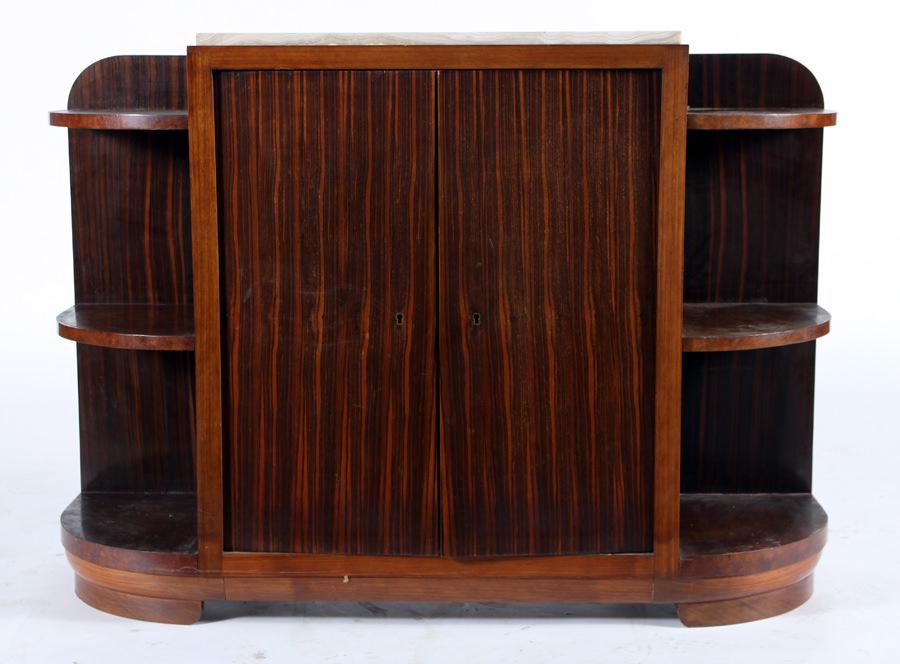 FRENCH ART DECO ROSEWOOD BAR CABINET ONYX TOP: A French Art Deco rosewood bar cabinet having a beautiful onyx top. Ht: 39.25" Wd: 55" Dpth: 17.75"