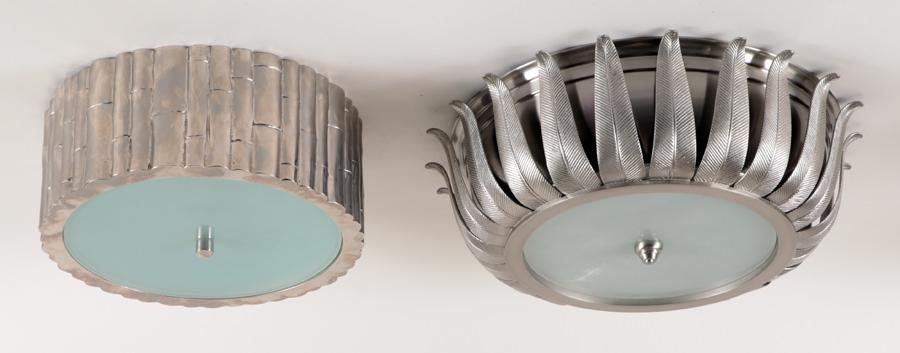 TWO ART DECO STYLE SILVERED LIGHT FIXTURES: A lot of two Art Deco style silvered ceiling mount light fixtures with glass. Ht: 4.5" Dia: 15.5"