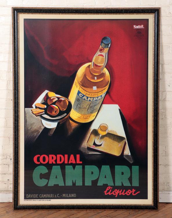 CORDIAL CAMPARI LIQUOR POSTER LITHOGRAPH C.1980: A Cordial Campari Liquor poster, after the original by Marcello Nizzoli, offset lithograph on paper circa 1980. Image size: 54" x 38" Ht: 57.5" Wd: 41.5" (framed)