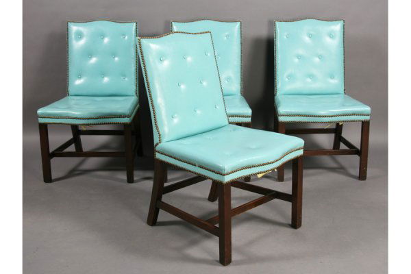 SET 4 DAVID HICKS STYLE SIDE STUDDED SIDE CHAIRS: Set of four David Hicks style side chairs with shaped backs studded with nailheads and shaped seats circa 1940. Having mahogany champfered legs with H-shaped stretcher. Ht: 37" Width: 22" Depth: 20"