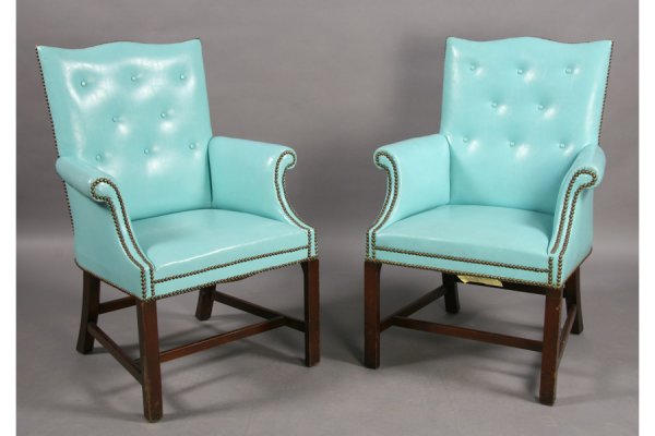 PR DAVID HICKS STYLE ARM CHAIRS NAIL HEADS: Pair of David Hicks style arm chairs with nail head decorated shaped backs and rolled arms circa 1940. Having mahogany champfered legs with H-shaped stretcher. Ht: 40.5" Width: 29" Depth: 20.5" ***PL