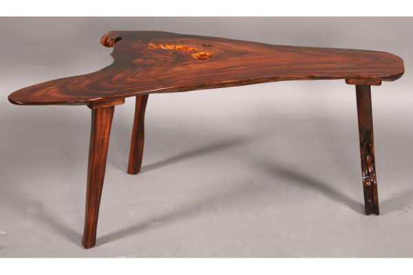 MODERN STUDIO MADE FREE FORM WOOD COFFEE TABLE: A modern studio made free form exotic wood coffee table. Ht: 20" Width: 44" Depth: 21" ***PLEASE NOTE: All property shall be paid for by the purchaser within five (5) business days of the sale. Kamel