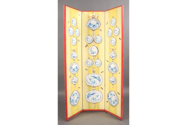 HANDPAINTED 3 PANELED SCREEN BLUE WHITE: Three paneled screen decorated with a handpainted trompe l'oeil of a Chinese Canton style porcelain collection hung with ribbon on a yellow wall. Ht: 80.5" Width: 52.5" ***PLEASE NOTE: All property s