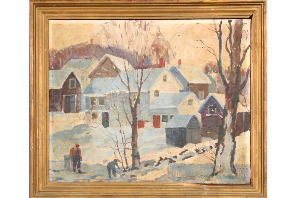 JOSEPH TOLFORD AMERICAN WINTER SCENE LISTED OIL: Joseph Tolford (American 1910-1985) "Winter Afternoon". Oil on canvas, signed LR and verso titled, signed and dated WPA 1940. Tolford was a member of the Folly Cove Artist community in Gloucester, MA.
