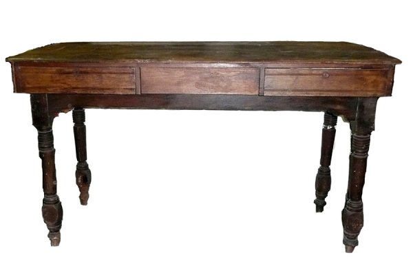ANTIQUE 2 DRAWER CLERK SHIPPING DESK: Antique clerk's desk with two drawers and tall turned legs circa 1900. Ht: 44" Width: 72" Depth: 36" ***PLEASE NOTE: All property shall be paid for by the purchaser within five (5) business days of th