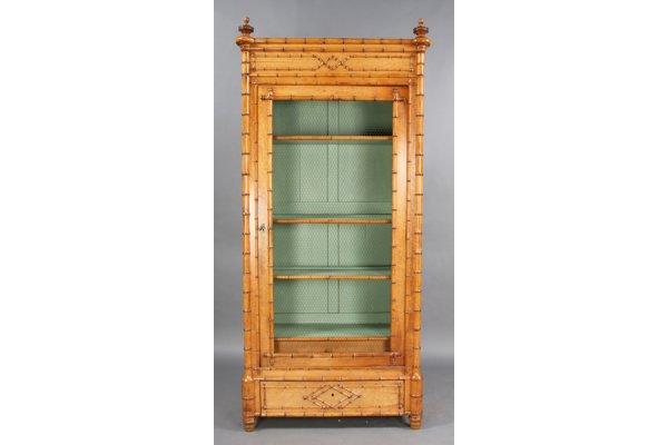 ANTIQUE VICTORIAN BAMBOO ARMOIRE CABINET: Antique Victorian bamboo armoire with molded cornice over single door with wire mesh front and single drawer raised on turned feet circa 1890. Ht: 83.5" Width: 38" Depth: 17.5" ***PLEASE NOTE: All pro