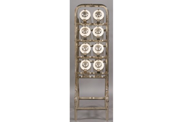 VINTAGE NICKEL OVER BRONZE CANDY JAR DISPLAY: Vintage nickel over bronze candy container display rack supporting eight lidded glass jars circa 1920. Ht: 55" Width: 16" Depth: 20" ***PLEASE NOTE: All property shall be paid for by the purchaser wit