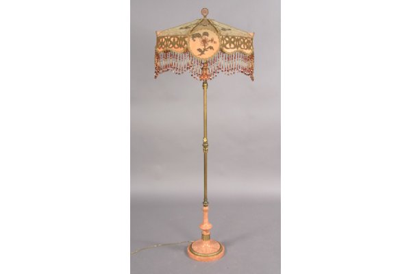 FRENCH BRONZE PEACH MARBLE STANDING FLOOR LAMP: A French style bronze and peach marble standing floor lamp with ornate handmade shade circa 1930. Ht: 64" Width: 24" Depth: 17.5" ***PLEASE NOTE: All property shall be paid for by the purchaser within