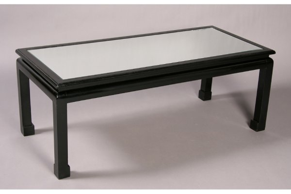 James Mont style Asian mirrored coffee table: Mid century modern James Mont style ebonized coffee table with inset mirrored top with molded edge circa 1940. Supported by Asian inspired legs. Ht: 17" Width: 43" Depth: 20" ***PLEASE NOTE: All prope