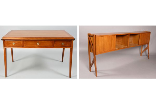 MODERN ICO PARISI STYLE DESK AND CREDENZA 2 PIECE: Mid century modern two piece lot consisting of an Ico Parisi style desk and matching credenza, circa 1960. The desk with banded top over three drawers. Ht: 31" Width: 49" Depth: 31" ***PLEASE NOTE: Al