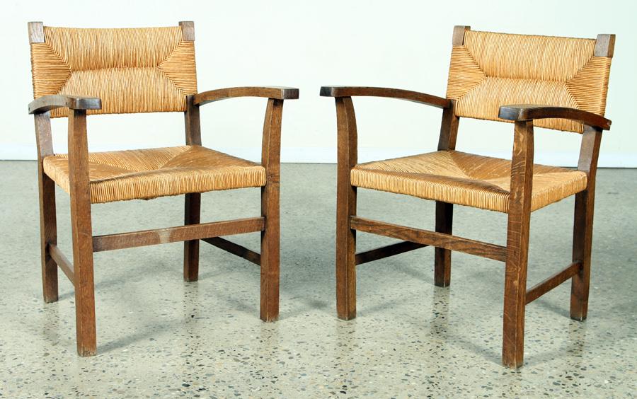 PAIR FRENCH OAK AND RUSH OPEN ARM CHAIRS C. 1940 (1 of 8)