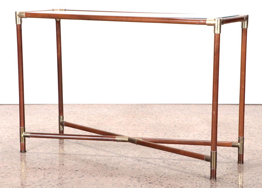 WOOD AND BRASS GLASS TOP CONSOLE TABLE C. 1965 (1 of 5)