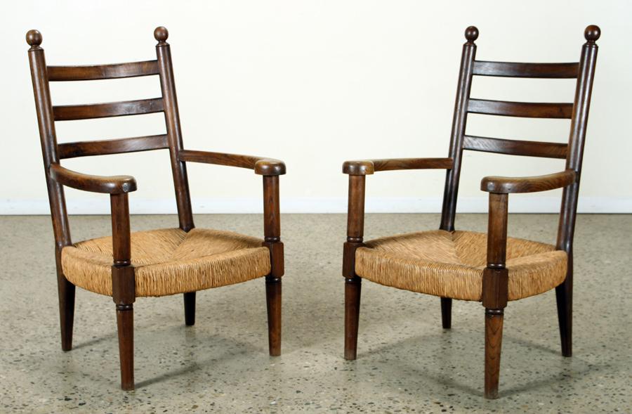 PAIR FRENCH OAK & RUSH SEAT ARM CHAIRS C. 1950 (1 of 7)