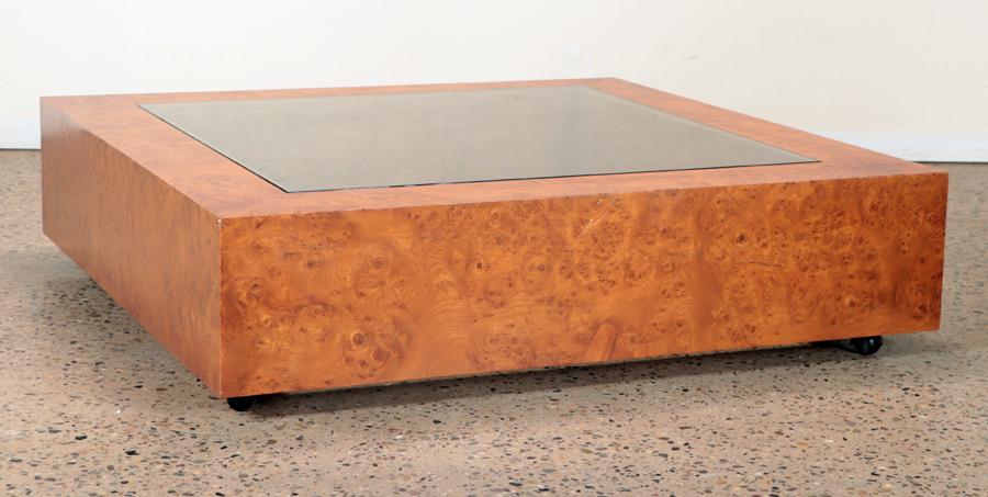 BURLED WALNUT AND INSET GLASS COFFEE TABLE C. 1975 (1 of 4)