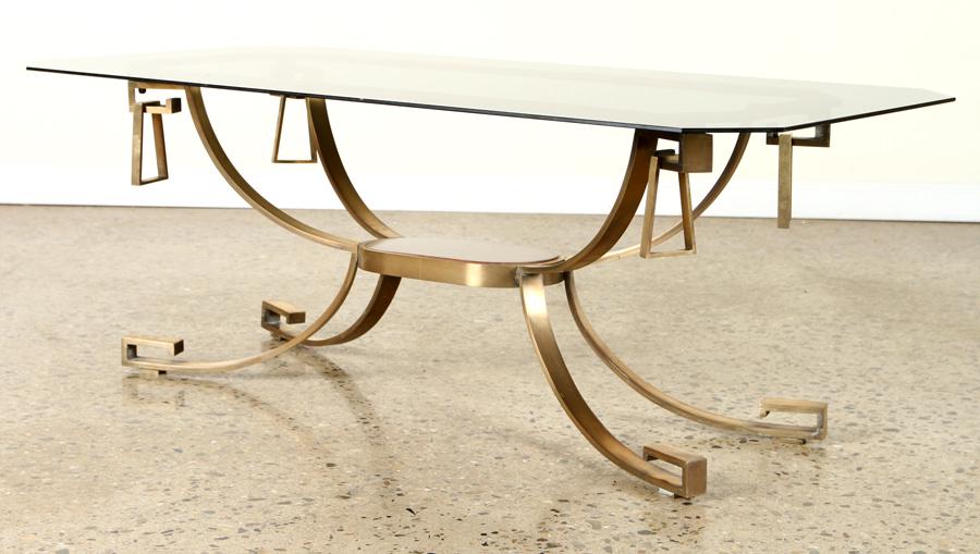 BRONZE MAHOGANY COFFEE TABLE SMOKED GLASS C. 1965 (1 of 6)