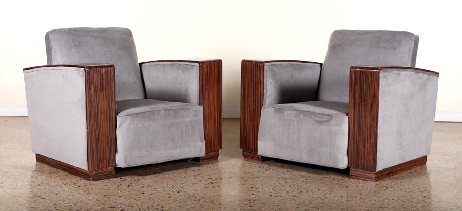 PAIR ART DECO EBONY MACASSAR CLUB CHAIRS C. 1940 (1 of 6)