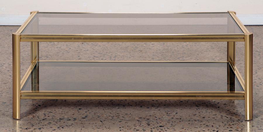 FRENCH BRASS SMOKED GLASS COFFEE TABLE C. 1975 (1 of 6)