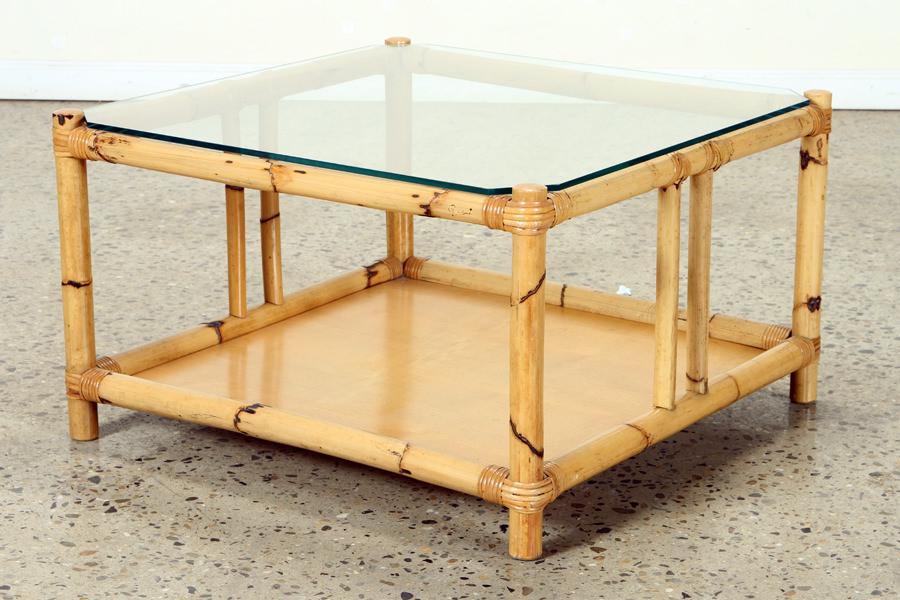 TWO TIER RATTAN COFFEE TABLE WITH GLASS TOP C. 1960 (1 of 6)