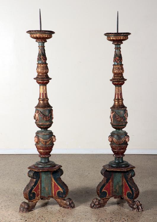 PAIR 19TH C. MONUMENTAL CANDLE PRICKETS CARVED (1 of 7)