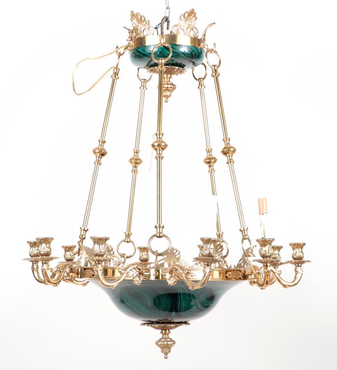 FAUX MALACHITE BRONZE CHANDELIER FRENCH EMPIRE: A faux malachite and bronze chandelier in the French Empire style. Ht: 34.75" Wd: 30"