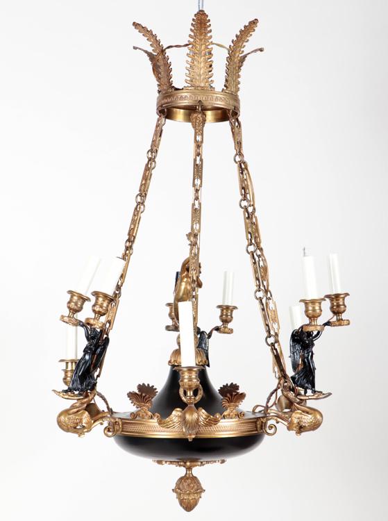BRONZE FIGURAL FRENCH EMPIRE STYLE CHANDELIER 1950 (1 of 7)