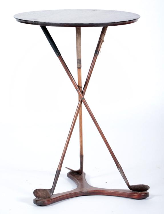 ROUNG MAHOGANY TABLE WITH GOLF CLUB BASE: A round mahogany table with golf club base. A great gift for Fathers Day. Ht: 29" Dia: 20.75"
