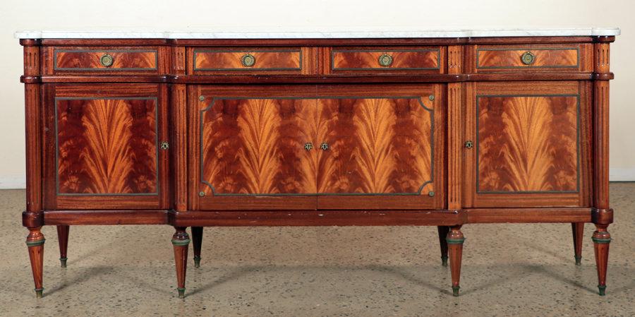 VIBRANT FRENCH MAHOGANY MARBLE TOP SIDEBOARD 1950 (1 of 9)