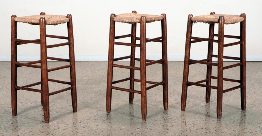 SET OF 3 FRENCH WOOD STOOLS RUSH SEATS (1 of 5)