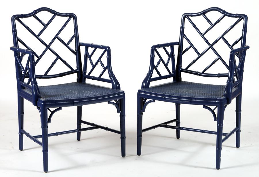 PAIR HOLLYWOOD REGENCY FAUX BAMBOO ARM CHAIRS: A pair of blue Hollywood Regency faux bamboo arm chairs. Ht: 37" Wd: 23.5" Dpth: 23" Seat: 16.75"