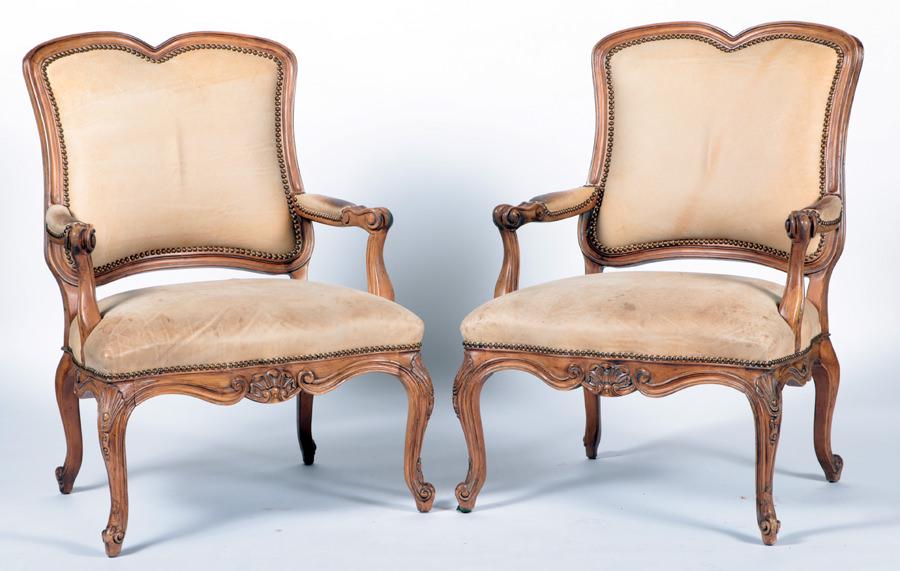PAIR REGENCY STYLE LEATHER CARVED OPEN ARM CHAIRS (1 of 7)