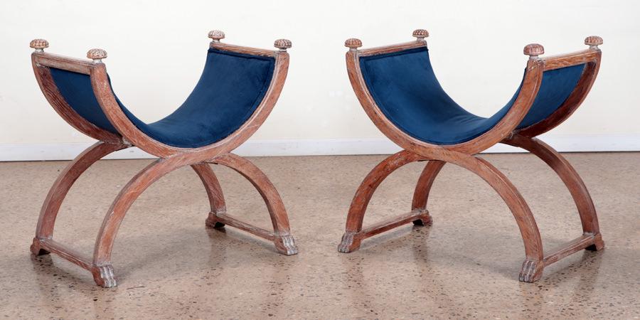 PAIR CERUSED WOOD CURVED BENCHES C.1940 (1 of 6)