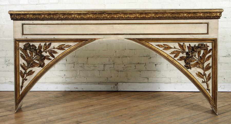 PAINTED AND GILT WOOD CARVED VALENCE C.1910: A painted and gilt wood carved valence circa 1910. Ht: 33.25" Wd: 67.25" Dpth: 7.5"