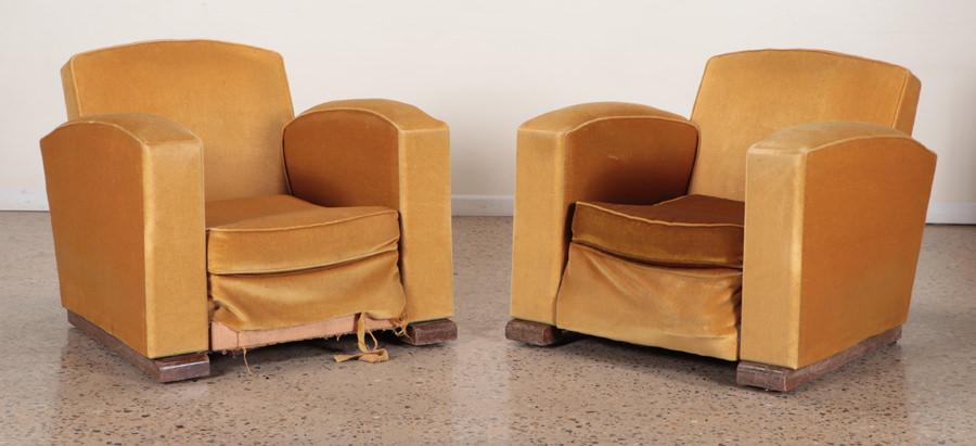 PAIR FRENCH ART DECO CLUB CHAIRS CIRCA 1940: A pair of French Art Deco club chairs with rolled arms circa 1940. Ht: 28" Wd: 33" Dpth: 33" Seat: 13"