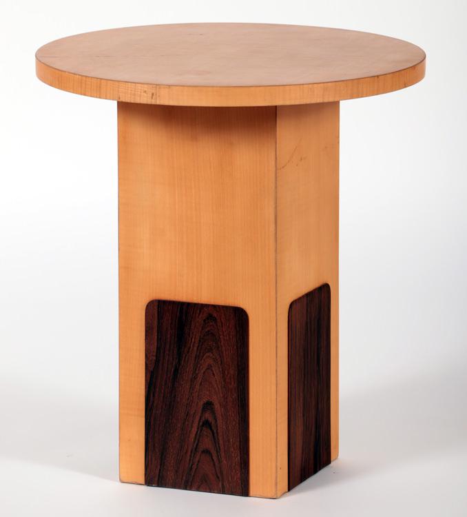 FRENCH SYCAMORE ROSEWOOD TABLE BY MICHEL DUFFET: An interesting French table by Michel Duffet in sycamore and rosewood. Ht: 19.75" Dia: 18"