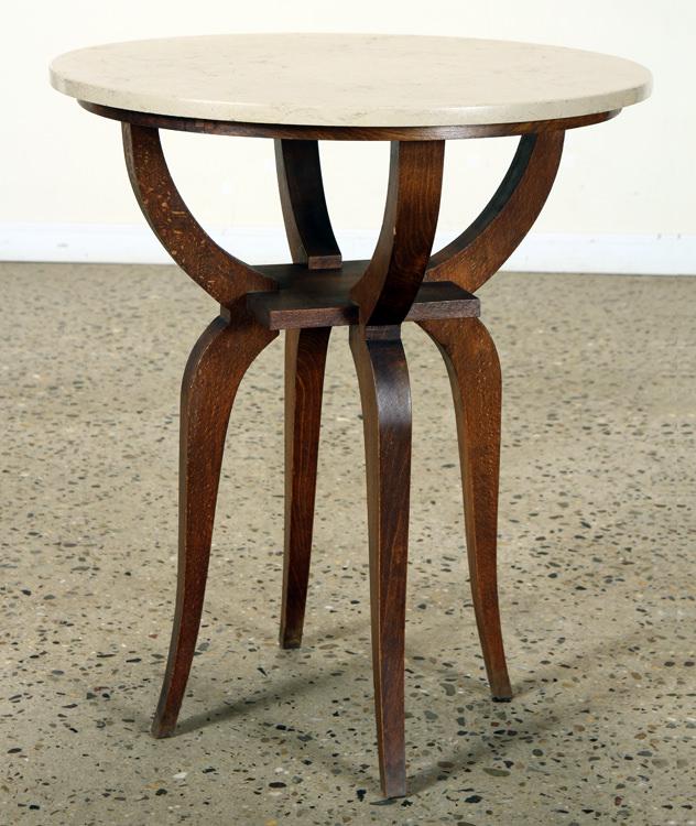 ELEGANT FRENCH ART DECO MARBLE TOP TABLE C.1940: An elegant French Art Deco marble top table circa 1940. Ht: 28" Dia: 24"