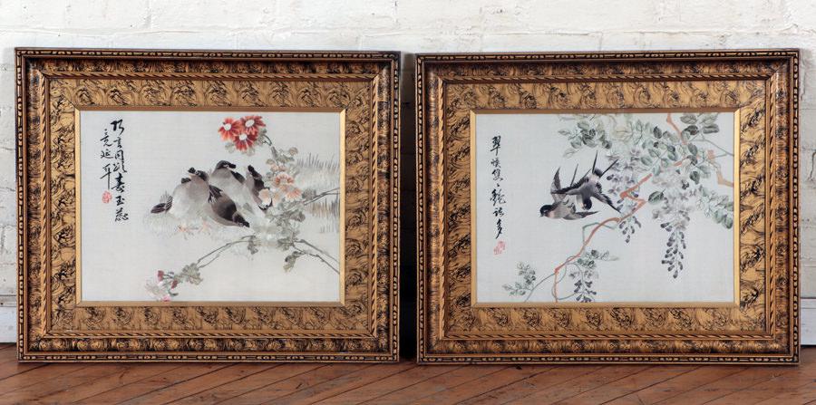 PAIR FRAMED ASIAN SILK TAPESTRIES CIRCA 1920 (1 of 5)