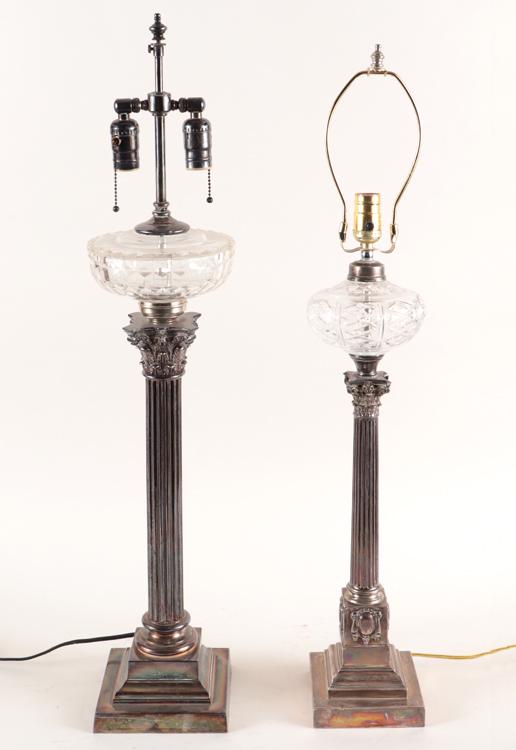 TWO SILVER PLATED OIL LAMPS CONVERTED TABLE LAMPS (1 of 5)