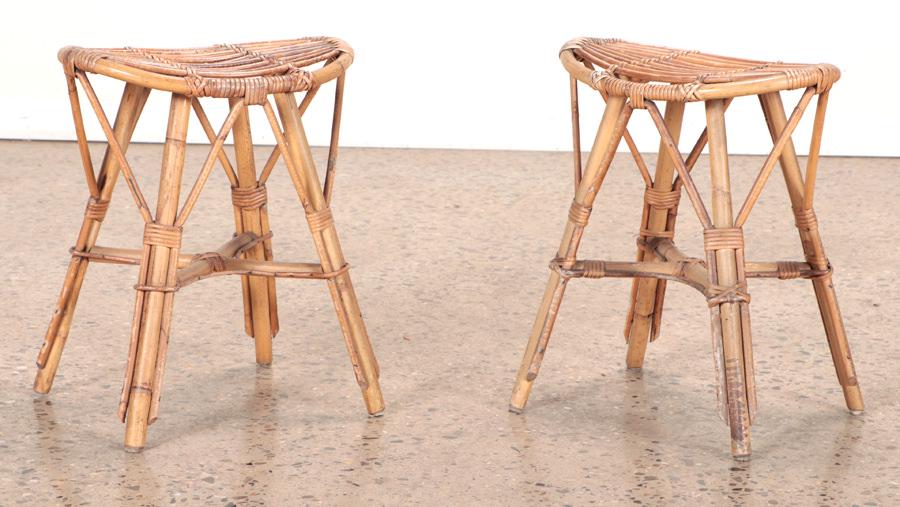 PAIR NICELY SHAPED FRENCH RATTAN STOOLS C.1960 (1 of 5)