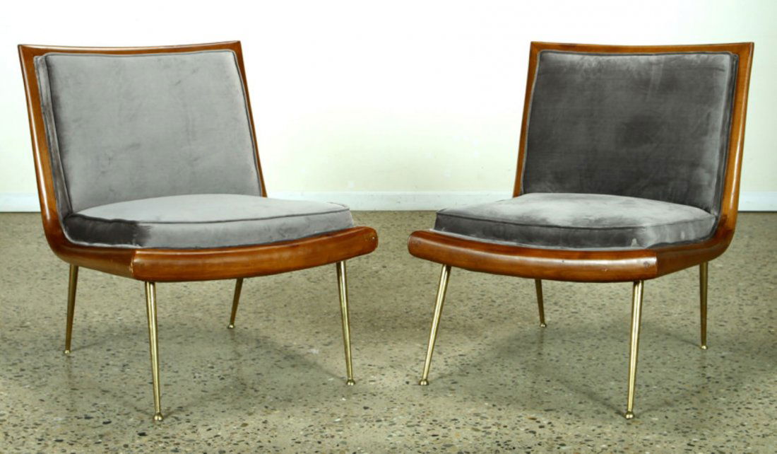 PAIR WOOD AND UPHOLSTERED SIDE CHAIRS BRASS LEGS (1 of 6)