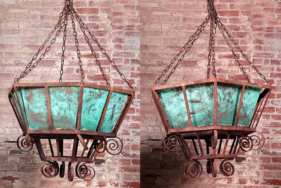 PAIR WROUGHT IRON AND COPPER HANGING PLANTERS (1 of 5)