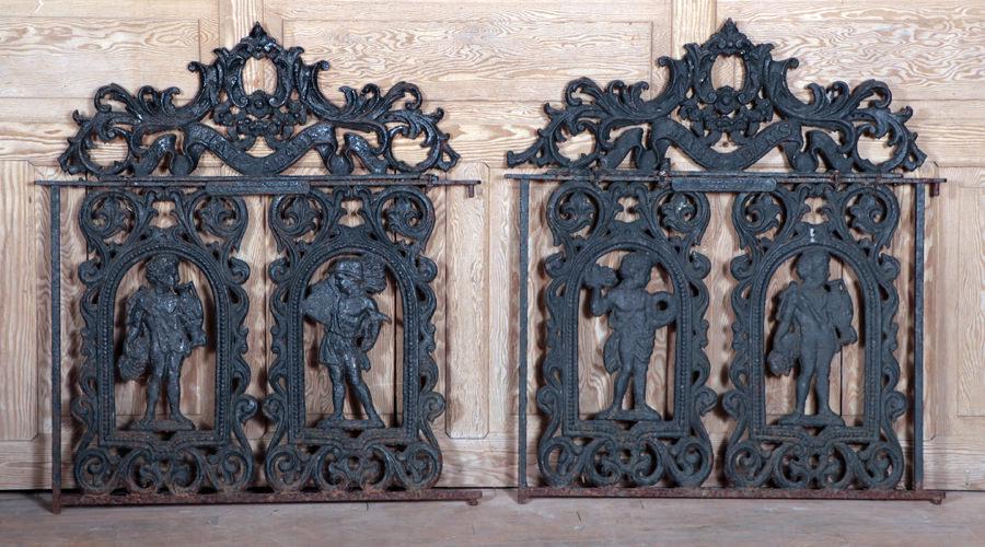 PAIR 19TH C. CAST IRON GARDEN GATES MEN AT WORK (1 of 6)