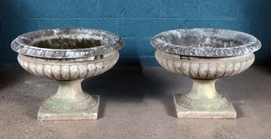 LARGE PAIR TWO PART CAST STONE GARDEN URNS (1 of 5)