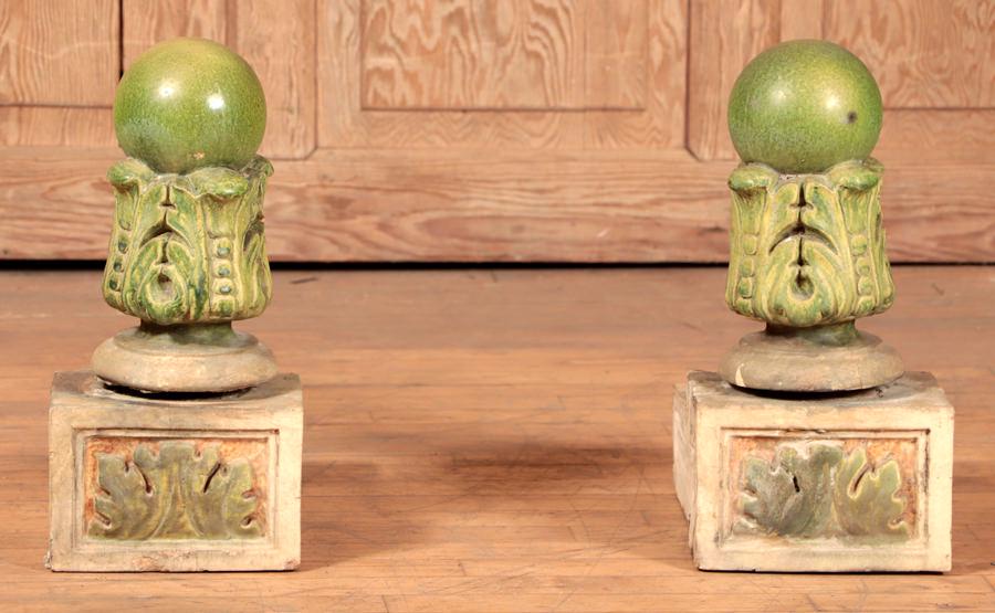 PAIR GREEN GLAZED TERRACOTTA BALLS ON PLINTHS 191 (1 of 6)