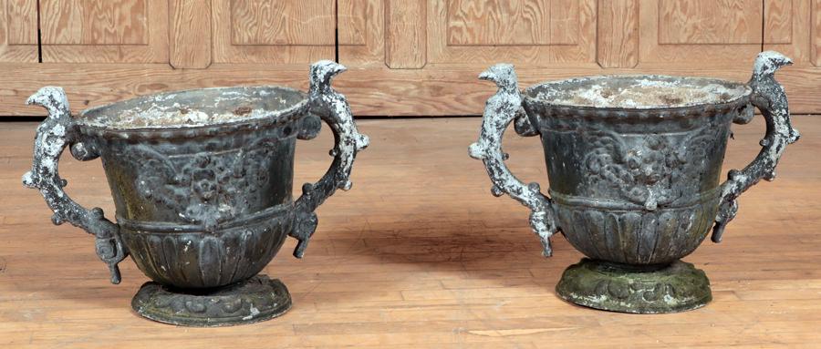 PAIR LEAD GARDEN URNS WITH FIGURAL HANDLES (1 of 5)