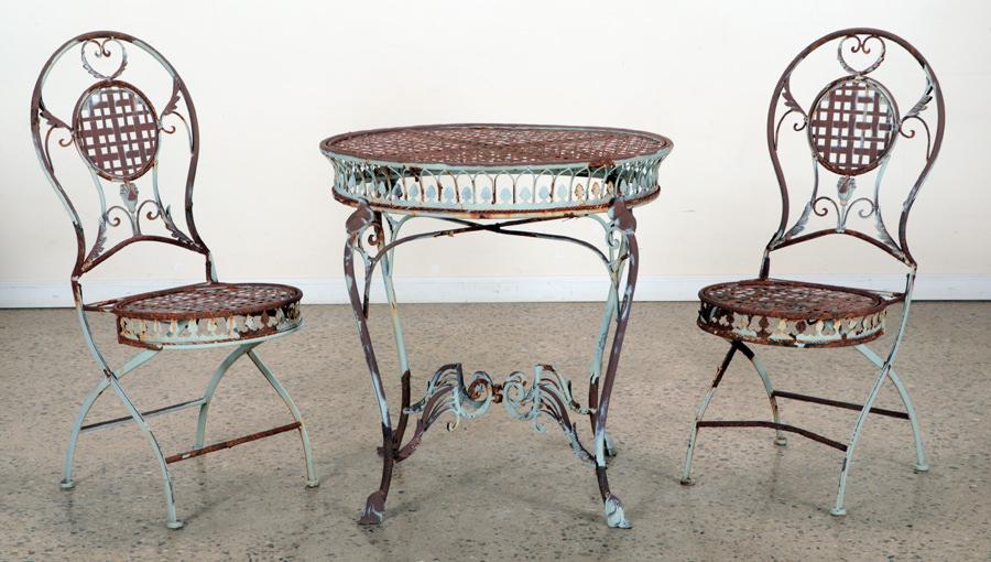 ROUND VICTORIAN STYLE IRON TABLE AND TWO CHAIRS (1 of 7)