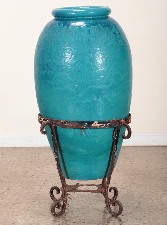 BLUE GLAZED TERRACOTTA URN ON STAND ATTR. GALLOWA (1 of 4)