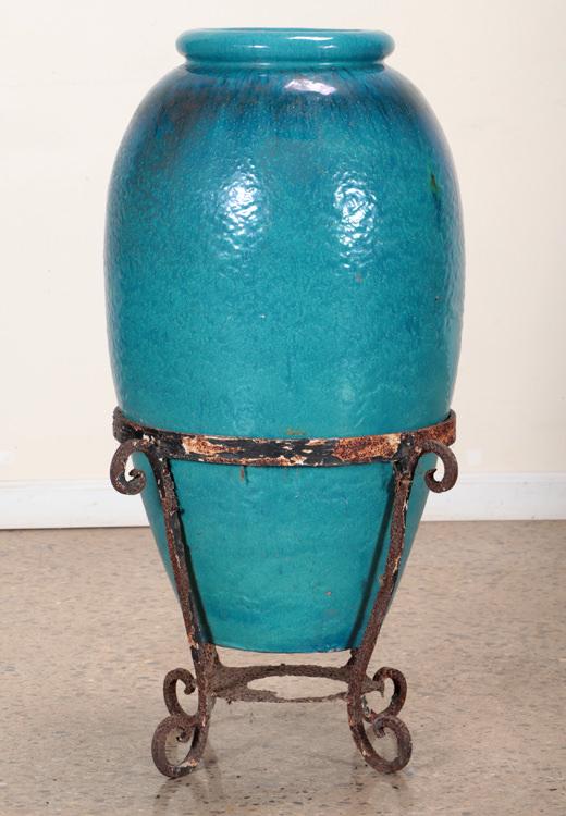 BLUE GLAZED TERRACOTTA URN ON STAND ATTR. GALLOWA (1 of 4)