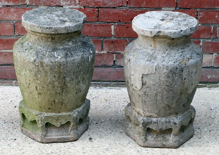 PAIR CARVED STONE URNS IN ASIAN STYLE C.1900 (1 of 4)