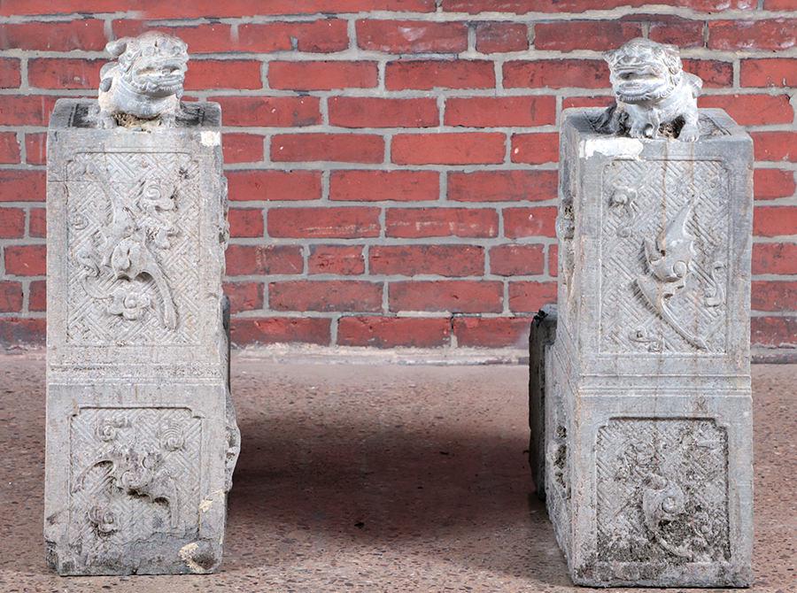 PAIR CARVED STONE END CAPS WITH FOO DOGS C.1900 (1 of 6)