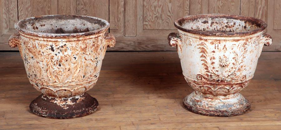 MATCHED PAIR DECORATED CAST IRON GARDEN URNS (1 of 6)